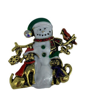 New Christmas snowman brooch or pin with cat & dog